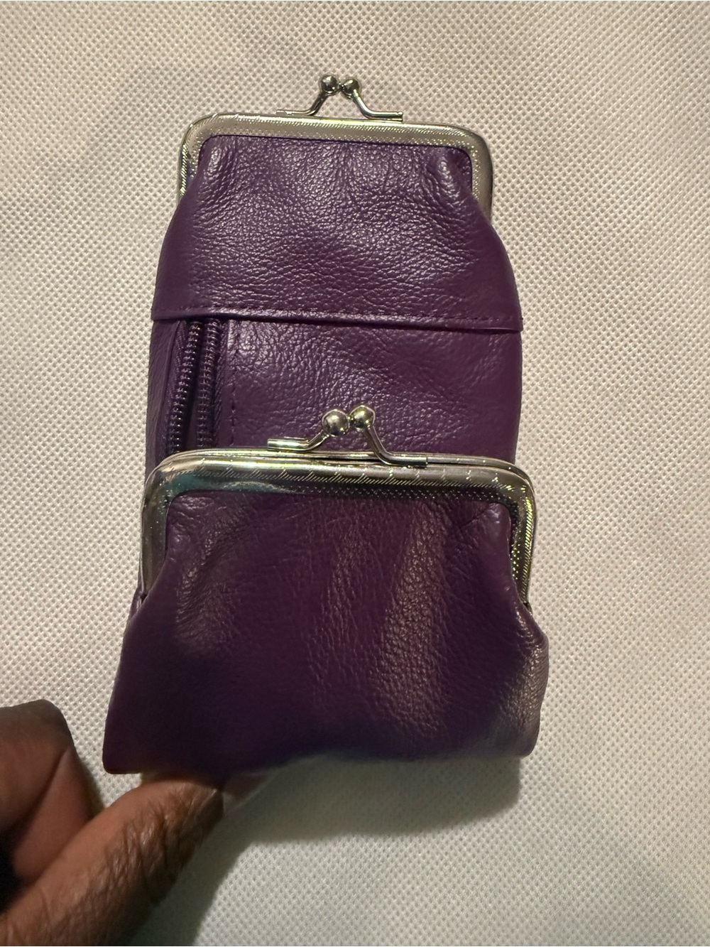 Compact Purple Leather Coin Purse with Double Kiss-Lock Compartments
